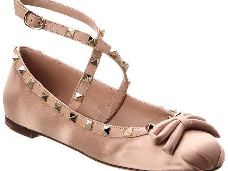 Valentino Rockstud Satin & Leather Ankle Strap Ballerina Flat Online now