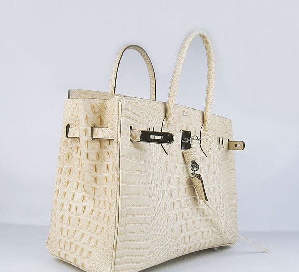 Hermes Birkin 35cm Crocodile Head Veins Handbags Beige Silver For Cheap