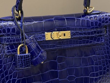 Hermes Kelly Sellier 25 Bleu Croc For Cheap