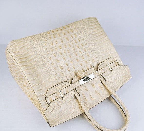 Hermes Birkin 35cm Crocodile Head Veins Handbags Beige Silver For Cheap