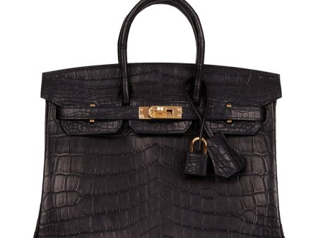 Hermes Birkin 25 Black Matte Niloticus Crocodile Gold Hardware on Sale