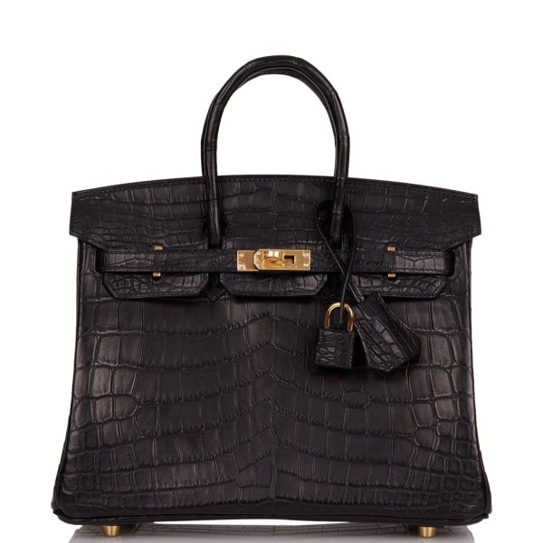 Hermes Birkin 25 Black Matte Niloticus Crocodile Gold Hardware on Sale