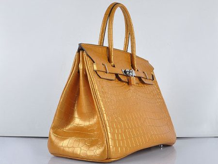 Hermes Birkin 35cm 6089 New Golden Crocodile Vein Handbags Silver For Cheap