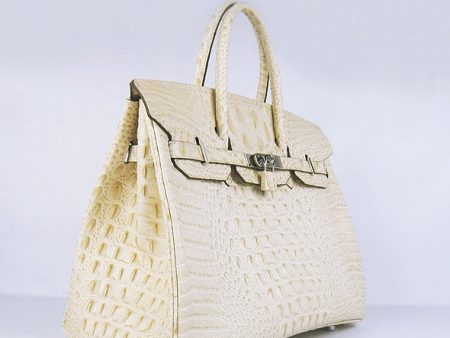 Hermes Birkin 35cm Crocodile Head Veins Handbags Beige Silver For Cheap