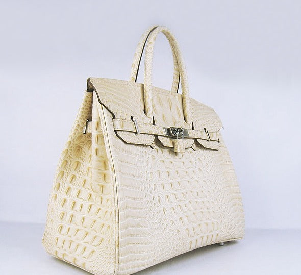 Hermes Birkin 35cm Crocodile Head Veins Handbags Beige Silver For Cheap