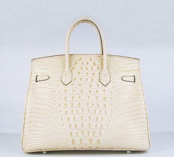 Hermes Birkin 35cm Crocodile Head Veins Handbags Beige Silver For Cheap