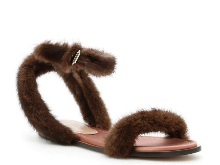 Valentino Women s Mink Fur Leather Ankle-Strap Flat Sandals Brown Sale