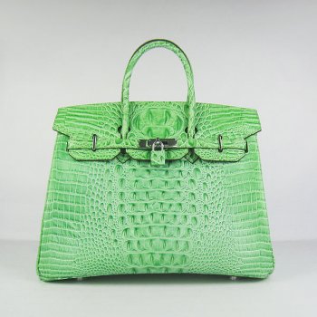 Hermes Birkin 35cm Crocodile Head Veins Handbags Green Silver Sale