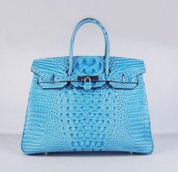 Hermes Birkin 35cm Crocodile Head Veins Handbags Light Blue Silver For Sale