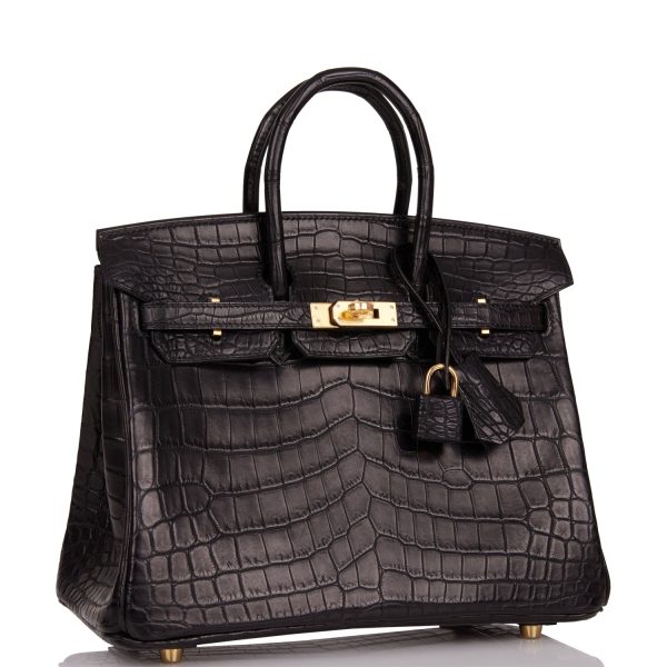 Hermes Birkin 25 Black Matte Niloticus Crocodile Gold Hardware on Sale