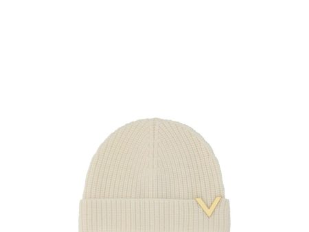 Valentino Garavani Virgin Wool Ribbed Beanie Hat with Iconic Logo Plaque For Discount