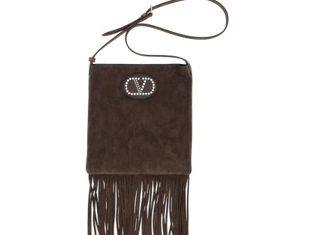 Valentino Garavani Suede Leather Shoulder Bag with Adjustable Strap and Fringe Detailing on Sale