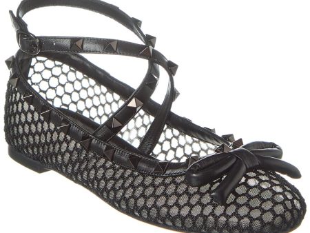 Valentino Rockstud Mesh & Leather Ankle Strap Ballerina Flat For Cheap