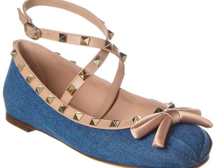 Valentino Rockstud Denim & Leather Ballerina Flat Discount