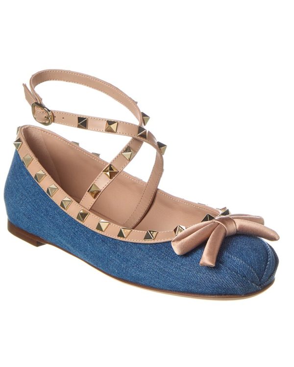 Valentino Rockstud Denim & Leather Ballerina Flat Discount