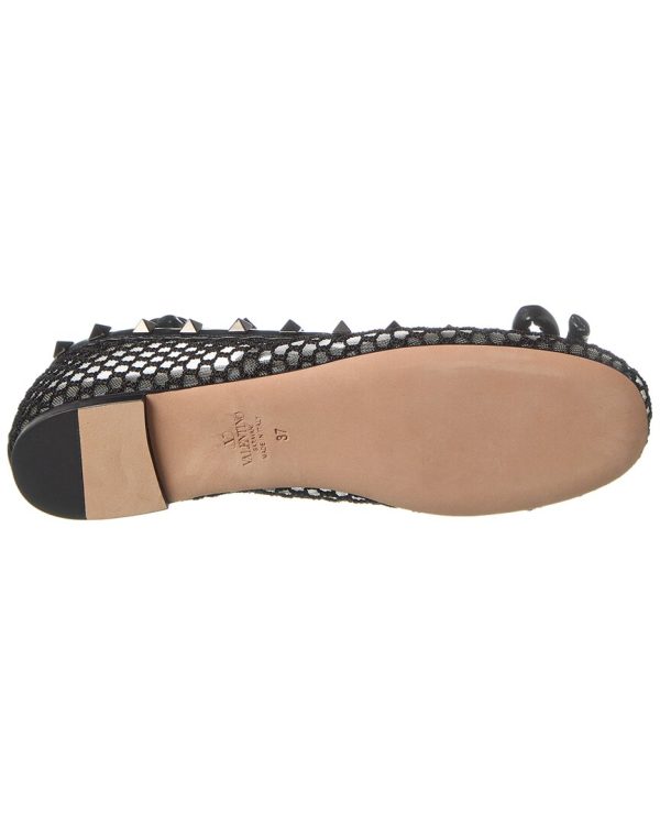 Valentino Rockstud Mesh & Leather Ankle Strap Ballerina Flat For Cheap