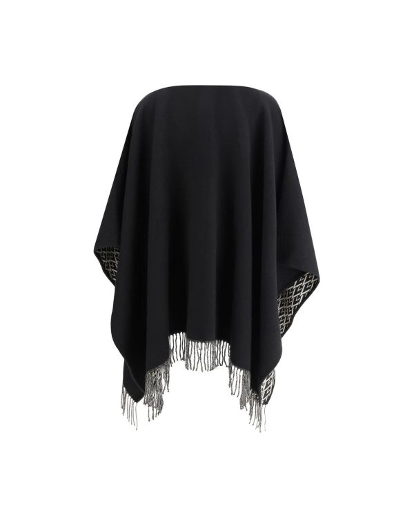 Valentino Garavani Virgin Wool Monochrome Poncho with Shawl Lapels and Frayed Hem Sale