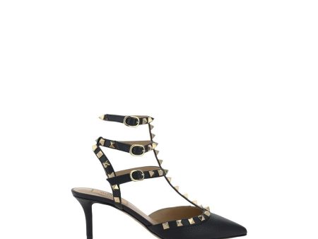 Valentino Garavani Rockstud Calfskin Pumps with Triple Ankle Strap and Gold-Plated Studs For Sale