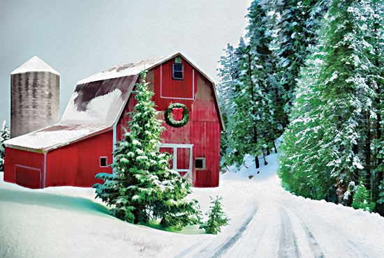 DOG197 - Winter Pines Red Barn - 18x12 Online Sale